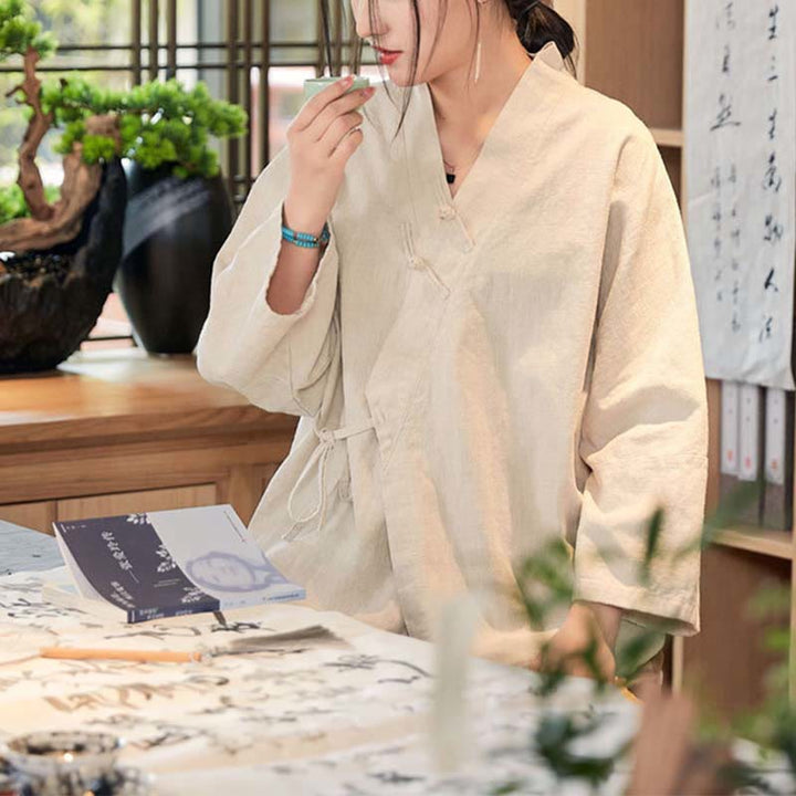 Chaqueta de manga larga con diseño de Hanfu y botones de rana con Buddha Stones y parte superior abierta para meditación zen - Beige, US0/ 10, UK/AU4/14, EU32-40/42 (F) - image 16
