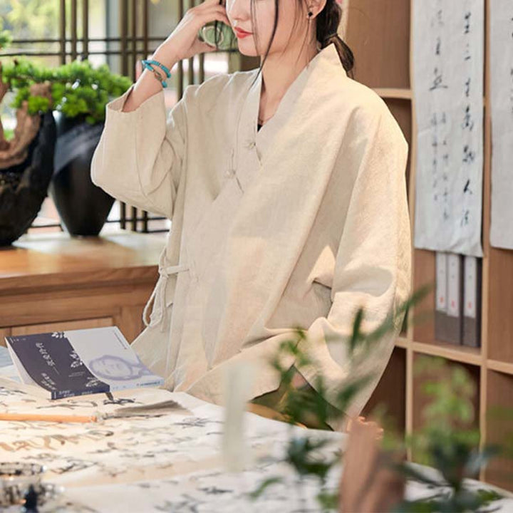 Chaqueta de manga larga con diseño de Hanfu y botones de rana con Buddha Stones y parte superior abierta para meditación zen - image 20