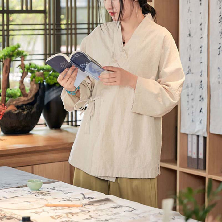 Chaqueta de manga larga con diseño Hanfu con botones de Buddha Stones, chaqueta superior abierta con parte delantera abierta para meditación Zen - image 18