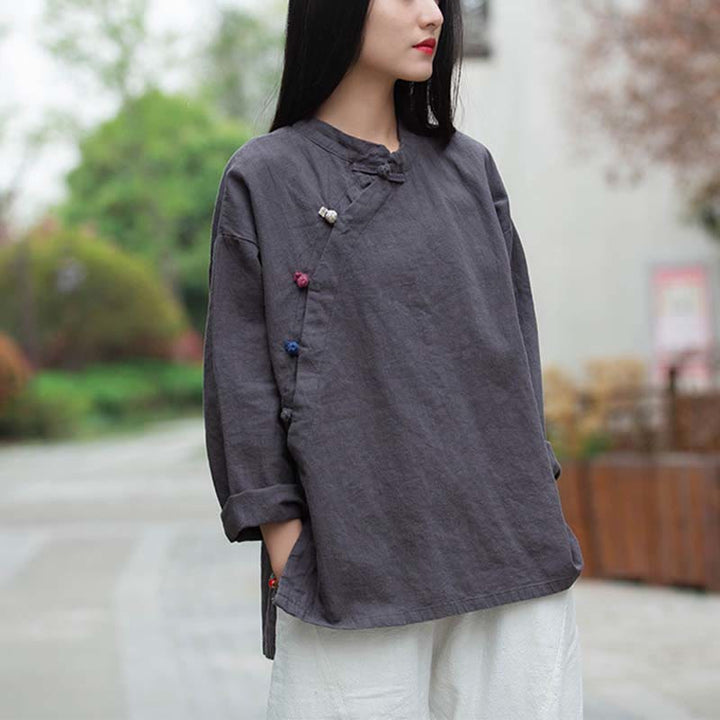 Blusa de lino de ramio con Buddha Stones , camisa para mujer, ropa estilo Hanfu chino - Gris (Busto 120 cm) (Solo la parte superior) - image 0