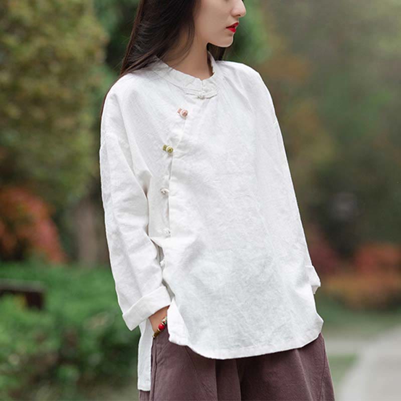 Blusa de lino de ramio con Buddha Stones , camisa para mujer, ropa estilo Hanfu chino - Blanco (Busto 120 cm) (Solo la parte superior) - image 11