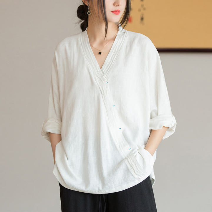 Blusa con Buddha Stones, camisa de mujer, Top de manga larga, ropa estilo Hanfu chino - Blanco (busto 128 cm) (solo parte superior) - image 0