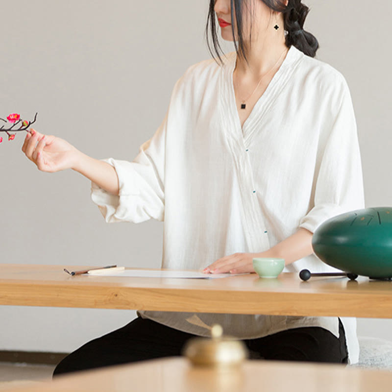 Blusa con Buddha Stones, camisa de mujer, Top de manga larga, ropa estilo Hanfu chino - image 9