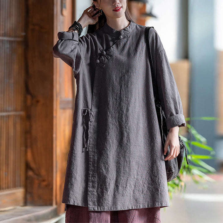 Blusa de lino y algodón Vintage con Buddha Stones, camisa de manga larga para mujer, Top Hanfu chino - Gris (busto 130 cm) (solo parte superior) - image 8