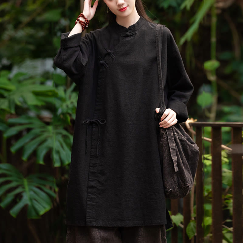 Blusa de lino y algodón Vintage con Buddha Stones, camisa de manga larga para mujer, Top Hanfu chino - Negro (busto 130 cm) (solo parte superior) - image 15