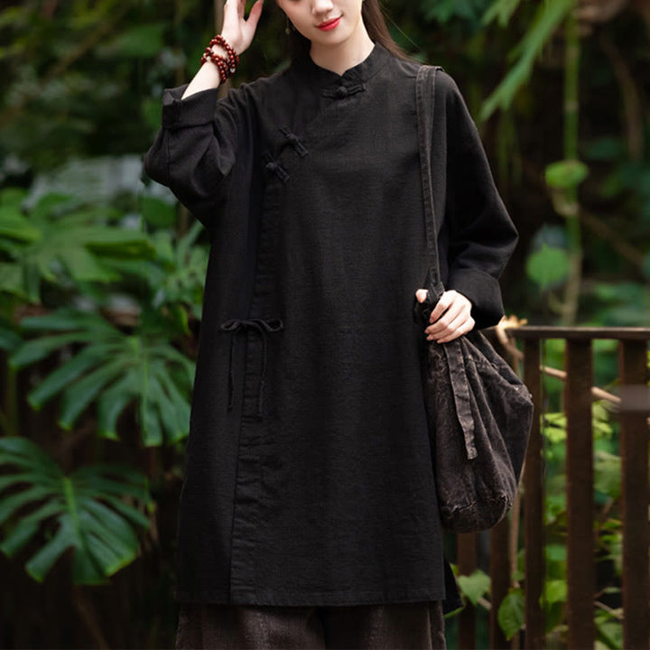 Blusa de lino y algodón Vintage con Buddha Stones, camisa de manga larga para mujer, Top Hanfu chino - Negro (busto 130 cm) (solo parte superior) - image 15
