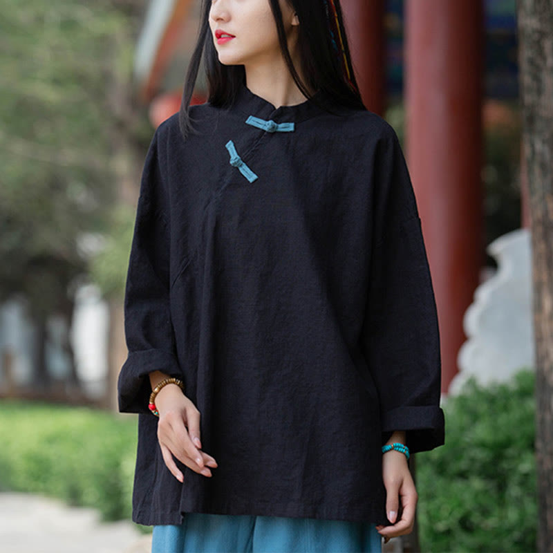 Blusa suelta de lino de ramio con Buddha Stones , camisa de manga larga para mujer, Top chino Hanfu - Negro (busto 132 cm) (solo parte superior) - image 11