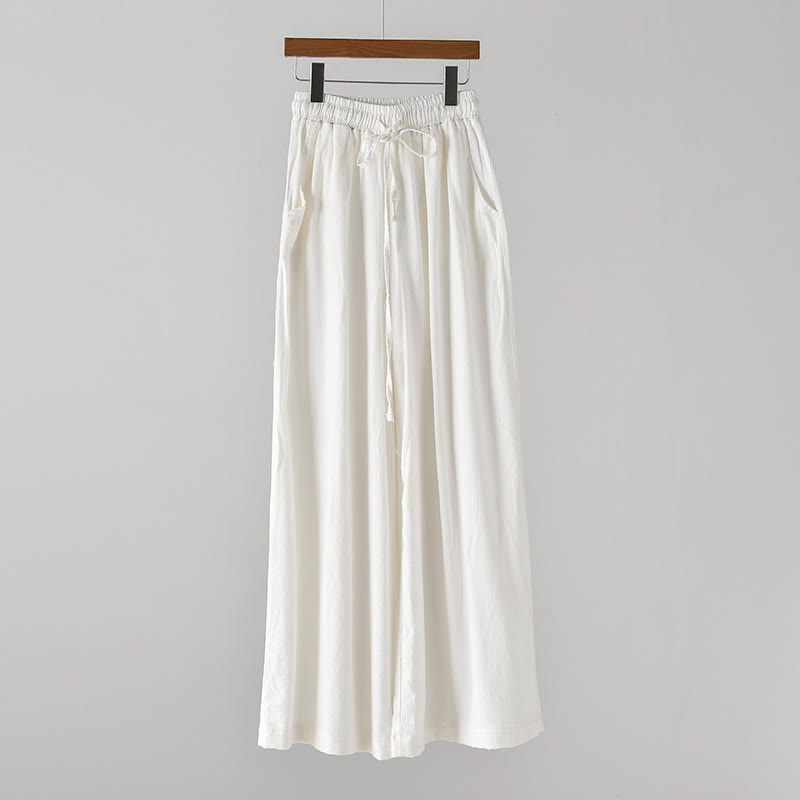 Pantalones anchos con cordón y bolsillos de lino y algodón sueltos con Buddha Stones - Blanco - US4，UK/AU8，EU36 (L) - image 8