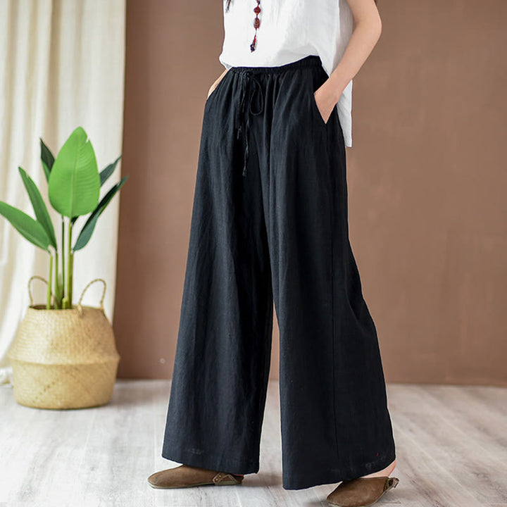 Pantalones anchos con cordón y bolsillos de lino y algodón sueltos con Buddha Stones - Negro - US4，UK/AU8，EU36 (L) - image 9