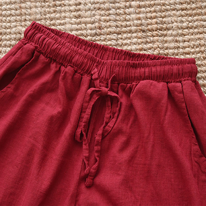 Pantalones anchos con cordón y bolsillos de lino y algodón sueltos con Buddha Stones