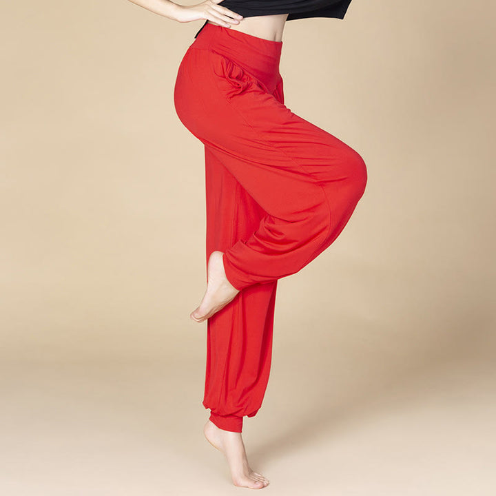 Pantalones bombachos de cintura alta para danza y yoga modal de color liso con Buddha Stones y bolsillos - Rojo - US14, UK/AU18, EU46 (3XL) - image 4