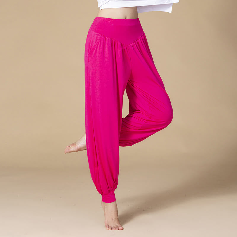 Pantalones bombachos de cintura alta para danza y yoga modal de color liso con Buddha Stones y bolsillos - Rosa roja - US14, UK/AU18, EU46 (3XL) - image 15