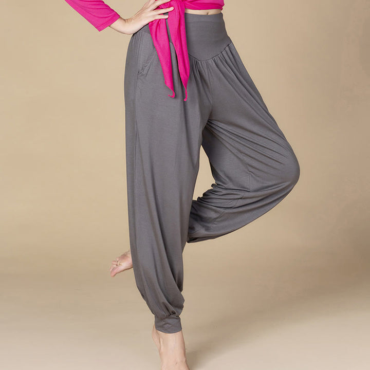 Pantalones bombachos de cintura alta para danza y yoga modal de color liso con Buddha Stones y bolsillos - image 22