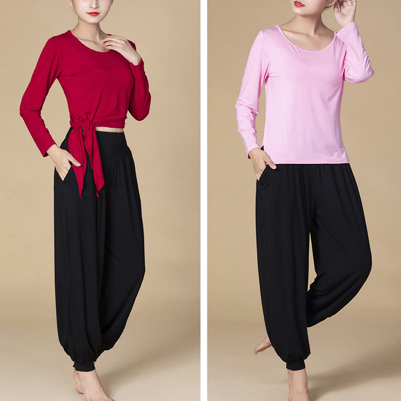 Pantalones bombachos de cintura alta para danza y yoga modal de color liso con Buddha Stones y bolsillos - image 9