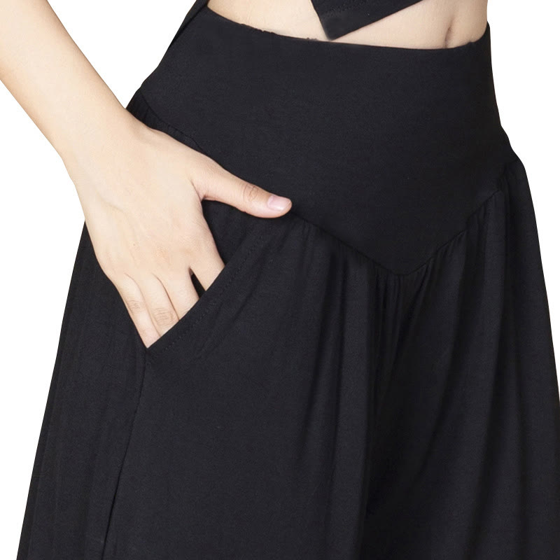 Pantalones bombachos de cintura alta para danza y yoga modal de color liso con Buddha Stones y bolsillos - image 10