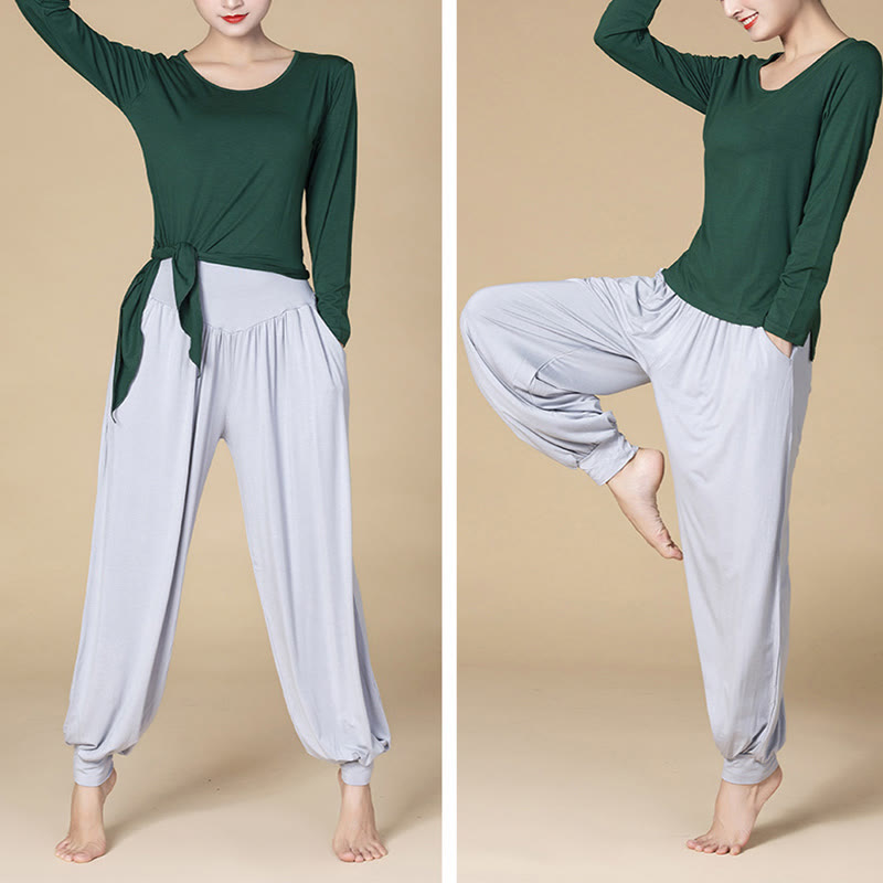 Pantalones bombachos de cintura alta para danza y yoga modal de color liso con Buddha Stones y bolsillos - image 1