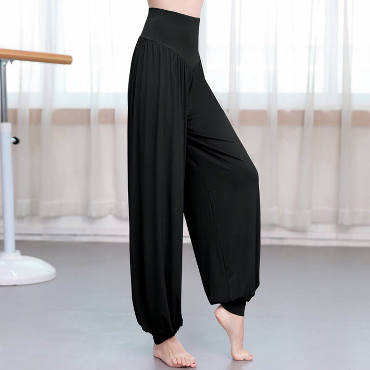 Pantalones de harén de danza de yoga modales sueltos de color liso con Buddha Stones - Negro - US14, UK/AU18, EU46 (3XL) - image 6