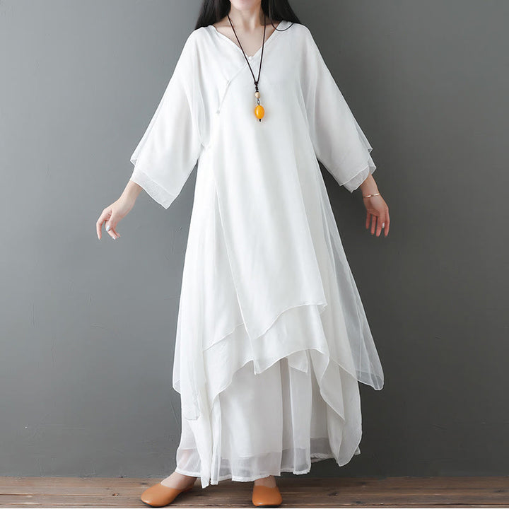 Vestido túnica midi con cuello en V y estampado de Buddha Stones, pantalones de pierna ancha, ropa para meditación, práctica zen y danza. - Conjunto de 2 piezas blanco (vestido y pantalón) - US12, UK/AU16, EU44 (2XL) - image 0