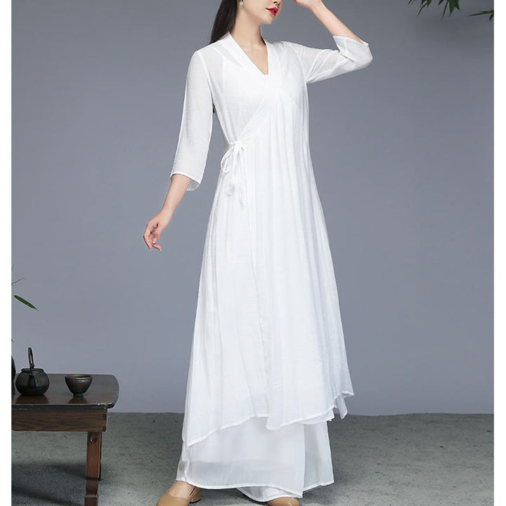 Vestido midi estilo Hanfu con Buddha Stones y pantalones de pierna ancha para meditación, práctica de yoga y danza. - image 9