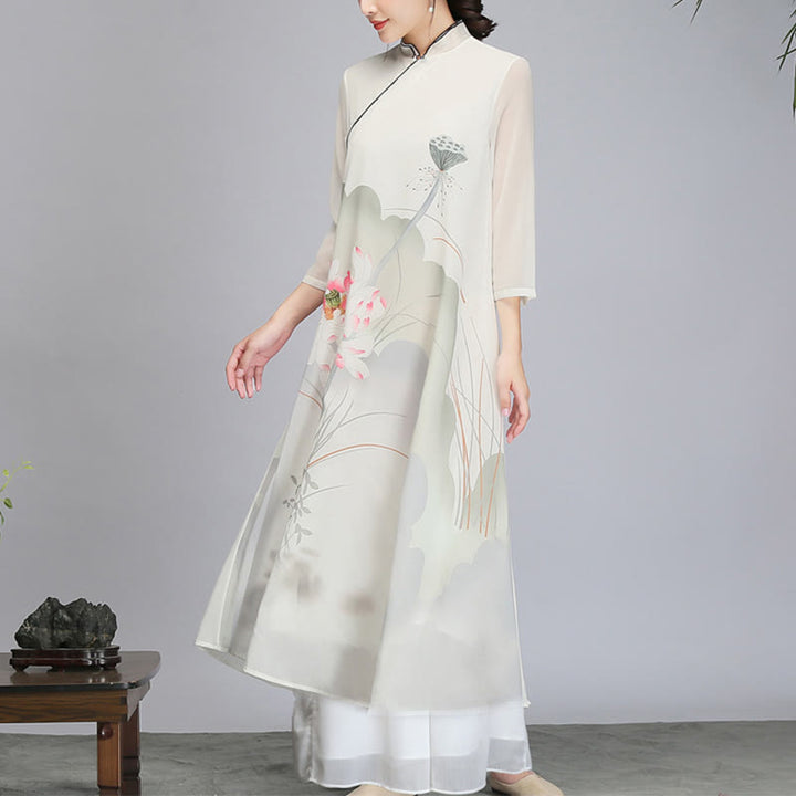 Vestido midi Cheongsam de gasa con vaina de flor de loto y Buddha Stones , ropa de práctica Zen para meditación