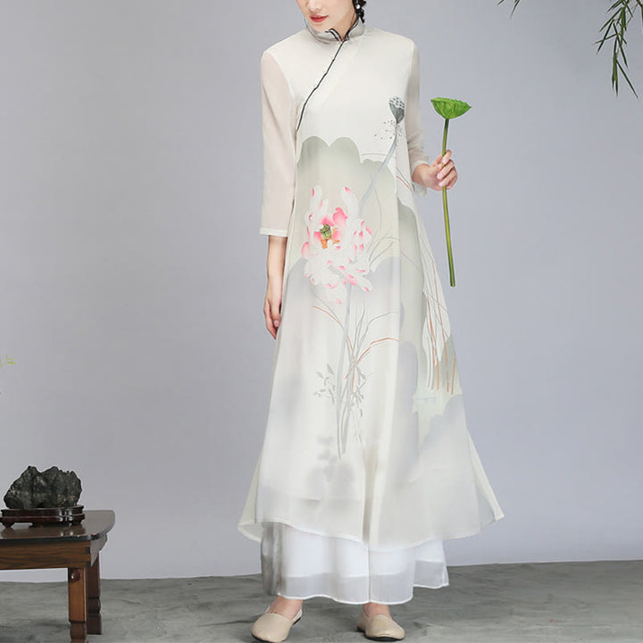 Vestido midi Cheongsam de gasa con vaina de flor de loto y Buddha Stones , ropa de práctica Zen para meditación