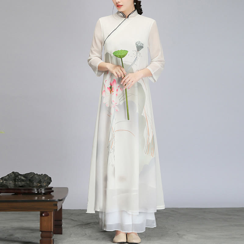 Vestido midi Cheongsam de gasa con vaina de flor de loto y Buddha Stones , ropa de práctica Zen para meditación