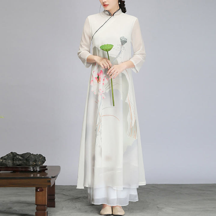 Vestido midi Cheongsam de gasa con vaina de flor de loto y Buddha Stones , ropa de práctica Zen para meditación