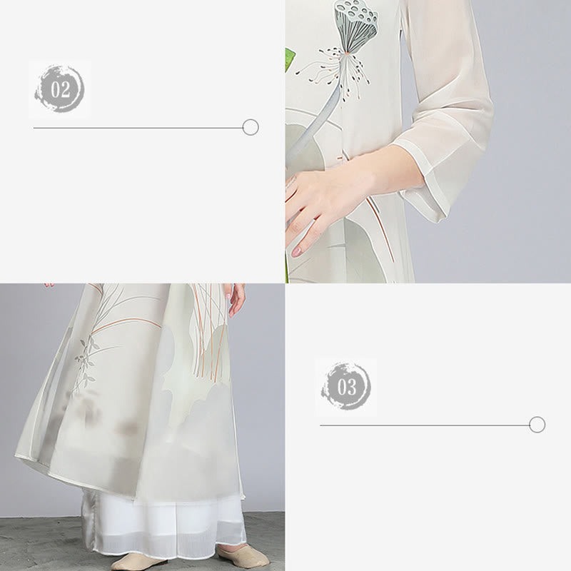Vestido midi Cheongsam de gasa con vaina de flor de loto y Buddha Stones , ropa de práctica Zen para meditación