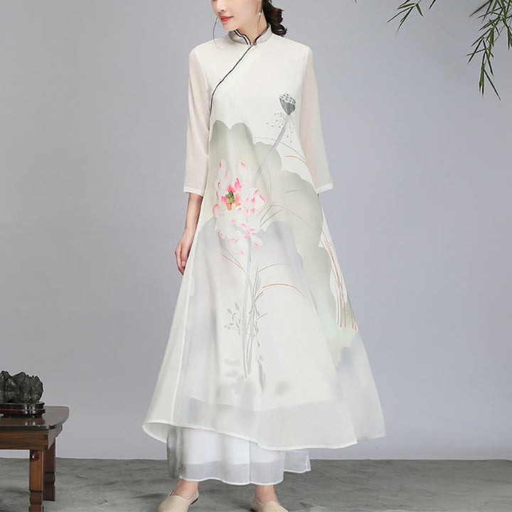 Vestido midi Cheongsam de gasa con vaina de flor de loto y Buddha Stones , ropa de práctica Zen para meditación