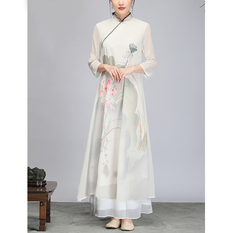 Vestido midi Cheongsam de gasa con vaina de flor de loto y Buddha Stones , ropa de práctica Zen para meditación