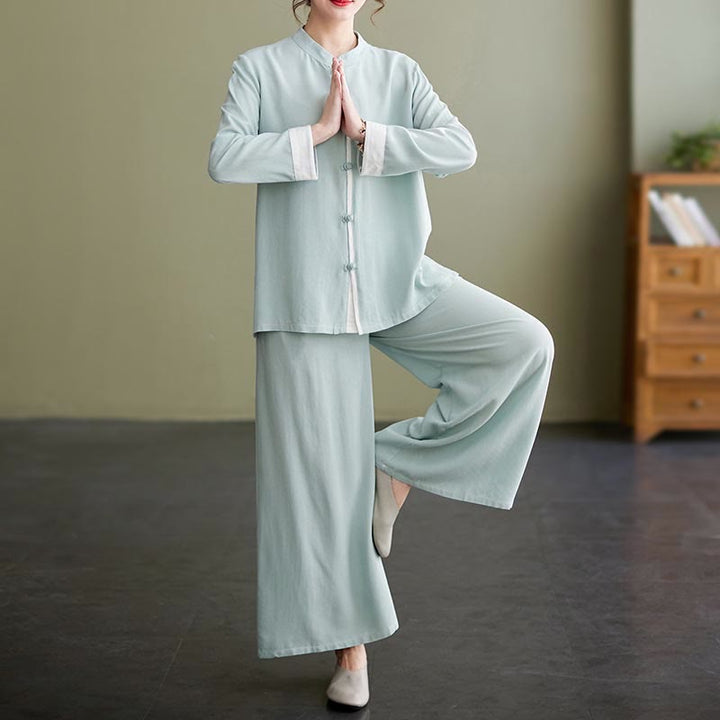 Conjunto de ropa de lino y algodón para mujer, camisa de manga larga, Top, pantalones, meditación Zen, Tai Chi, 2 uds. , Buddha Stones