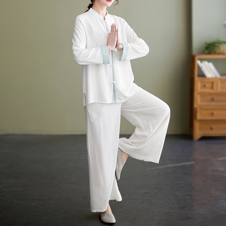 Conjunto de 2 piezas de traje Tang con Buddha Stones , camisa de manga larga, pantalones y meditación Zen Tai Chi, ropa de lino y algodón para mujer - Blanco (Top y pantalones) - US8-10，UK/AU12-14，EU40-42 (2XL) - image 0