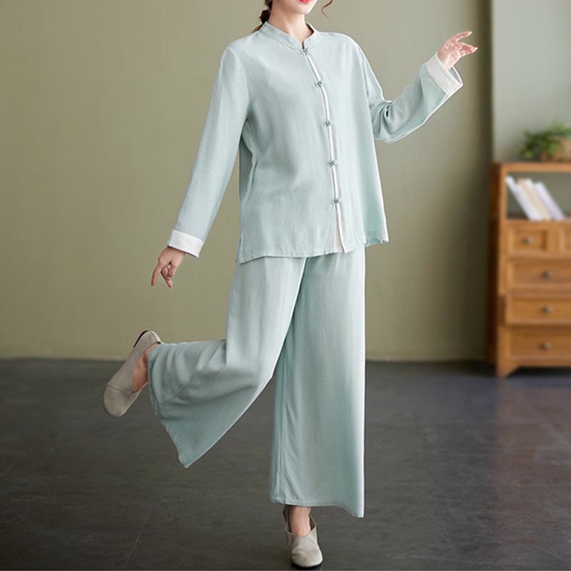 Conjunto de ropa de lino y algodón para mujer, camisa de manga larga, Top, pantalones, meditación Zen, Tai Chi, 2 uds. , Buddha Stones
