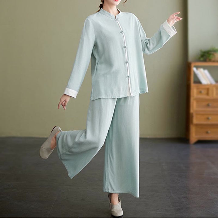 Conjunto de ropa de lino y algodón para mujer, camisa de manga larga, Top, pantalones, meditación Zen, Tai Chi, 2 uds. , Buddha Stones