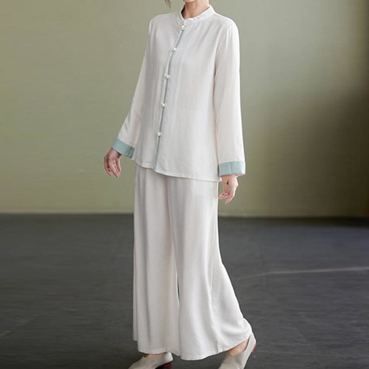Conjunto de ropa de lino y algodón para mujer, camisa de manga larga, Top, pantalones, meditación Zen, Tai Chi, 2 uds. , Buddha Stones