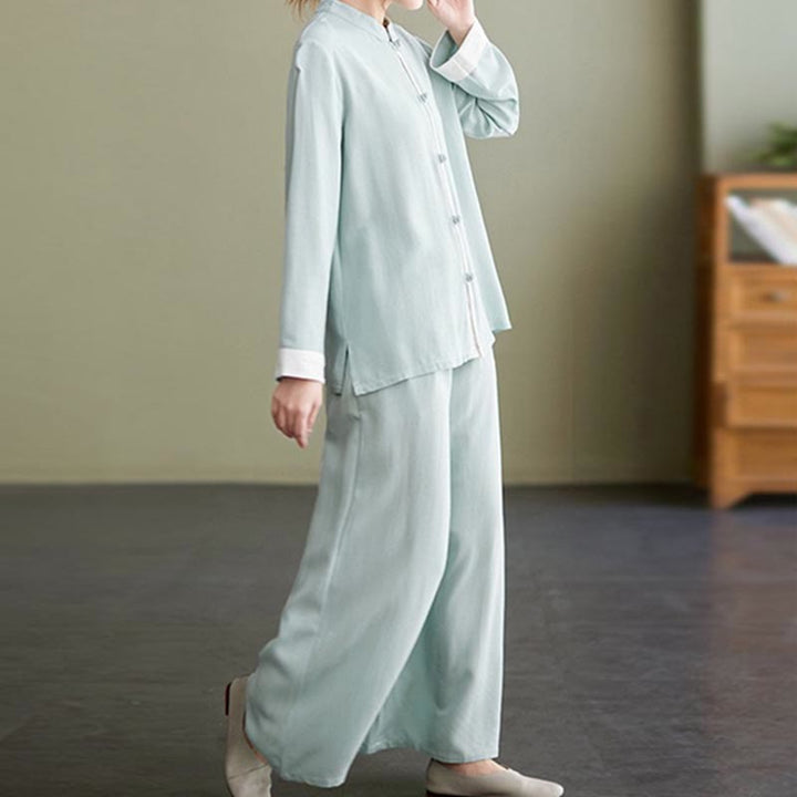 Conjunto de ropa de lino y algodón para mujer, camisa de manga larga, Top, pantalones, meditación Zen, Tai Chi, 2 uds. , Buddha Stones