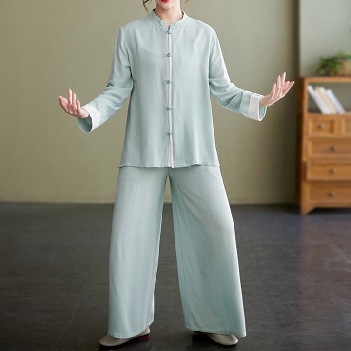 Conjunto de ropa de lino y algodón para mujer, camisa de manga larga, Top, pantalones, meditación Zen, Tai Chi, 2 uds. , Buddha Stones