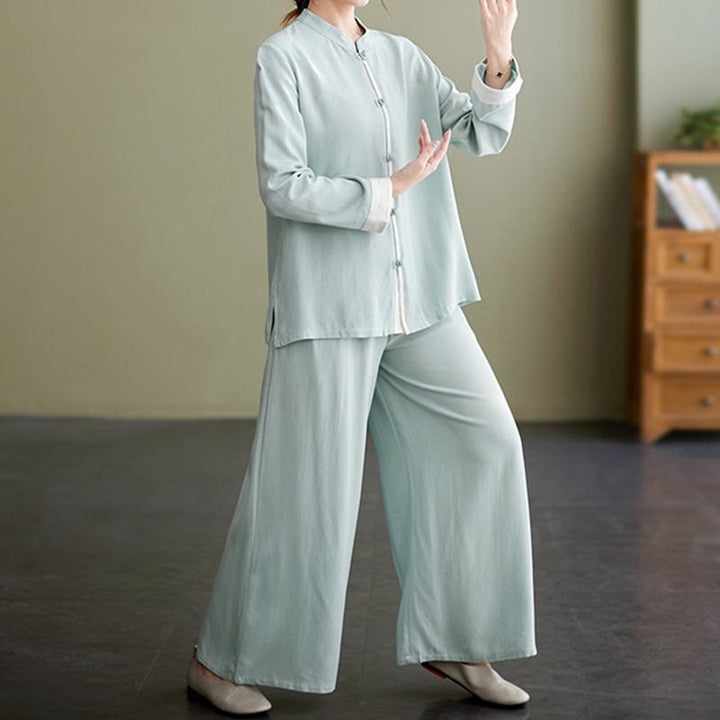Conjunto de ropa de lino y algodón para mujer, camisa de manga larga, Top, pantalones, meditación Zen, Tai Chi, 2 uds. , Buddha Stones