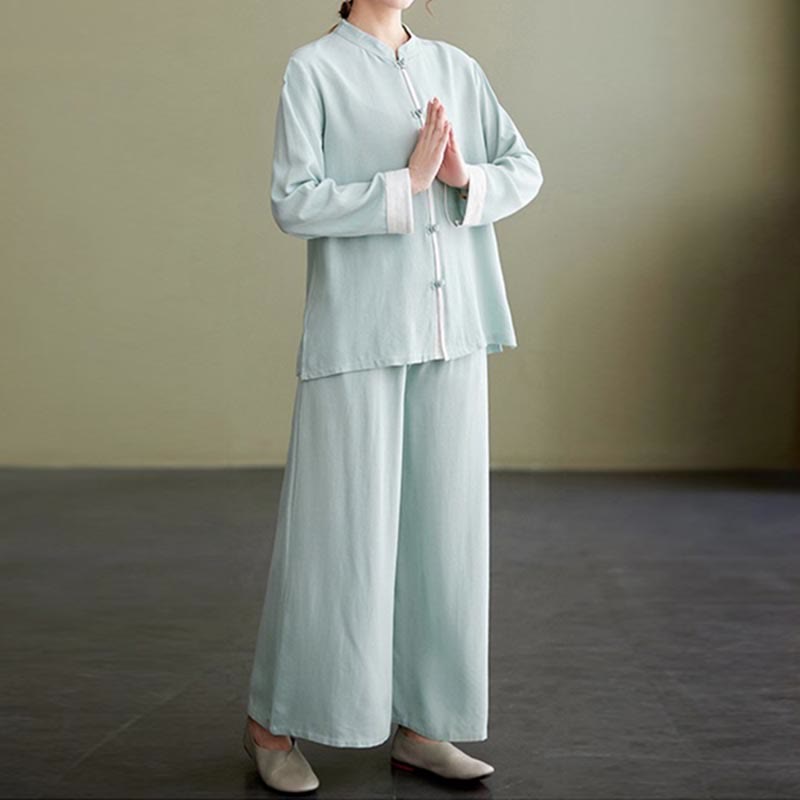 Conjunto de ropa de lino y algodón para mujer, camisa de manga larga, Top, pantalones, meditación Zen, Tai Chi, 2 uds. , Buddha Stones