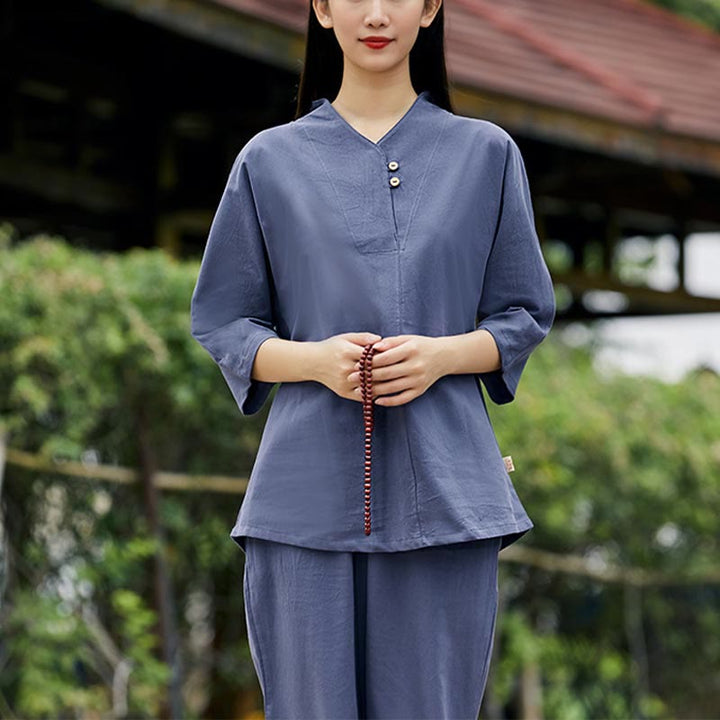 Buddha Stones 2 uds camisa Top pantalones meditación Zen Tai Chi ropa de lino de algodón conjunto de mujer - Azul (Top y pantalones) - US8-10，UK/AU12-14，EU40-42 (2XL) - image 14
