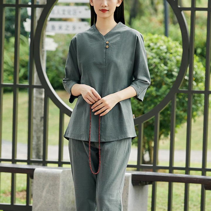 Buddha Stones 2 uds camisa Top pantalones meditación Zen Tai Chi ropa de lino de algodón conjunto de mujer - Verde (Top y pantalones) - US8-10，UK/AU12-14，EU40-42 (2XL) - image 17