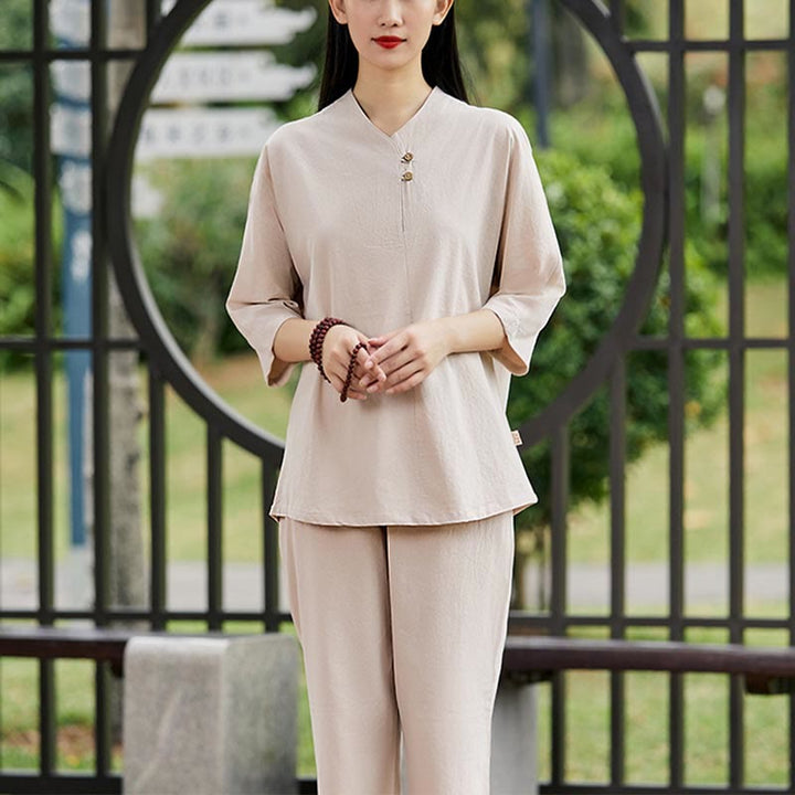 Buddha Stones 2 uds camisa Top pantalones meditación Zen Tai Chi ropa de lino de algodón conjunto de mujer - Caqui (Top y pantalones) - US8-10，UK/AU12-14，EU40-42 (2XL) - image 6