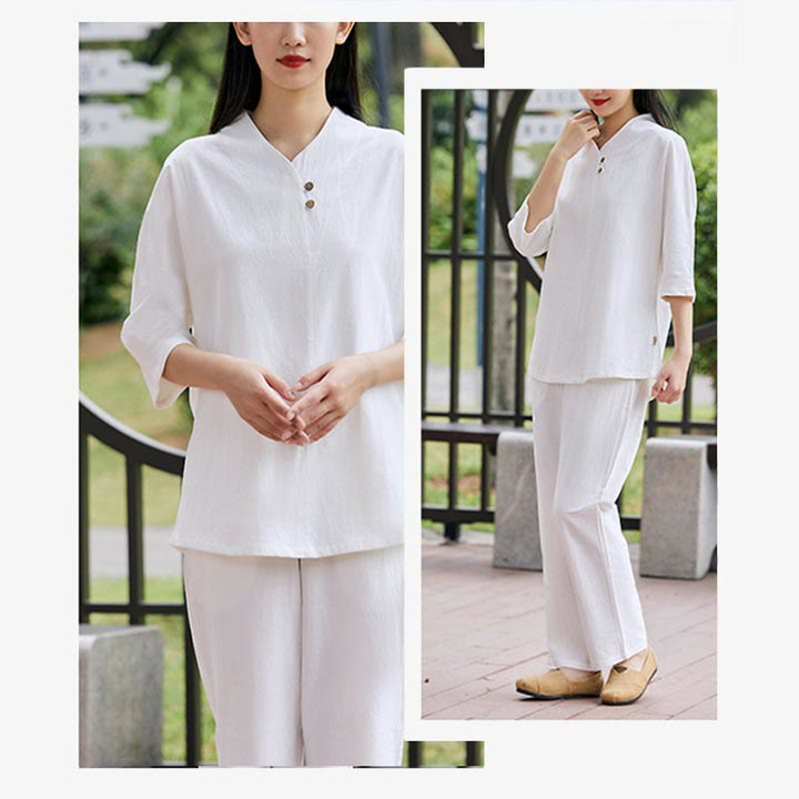 Buddha Stones 2 uds camisa Top pantalones meditación Zen Tai Chi ropa de lino de algodón conjunto de mujer - image 4
