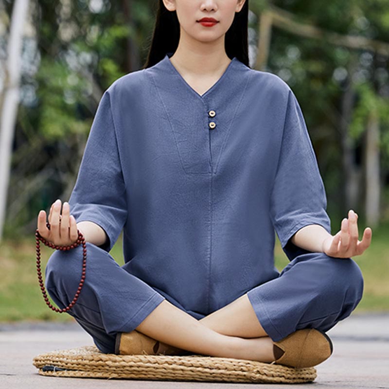 Buddha Stones 2 uds camisa Top pantalones meditación Zen Tai Chi ropa de lino de algodón conjunto de mujer - image 15