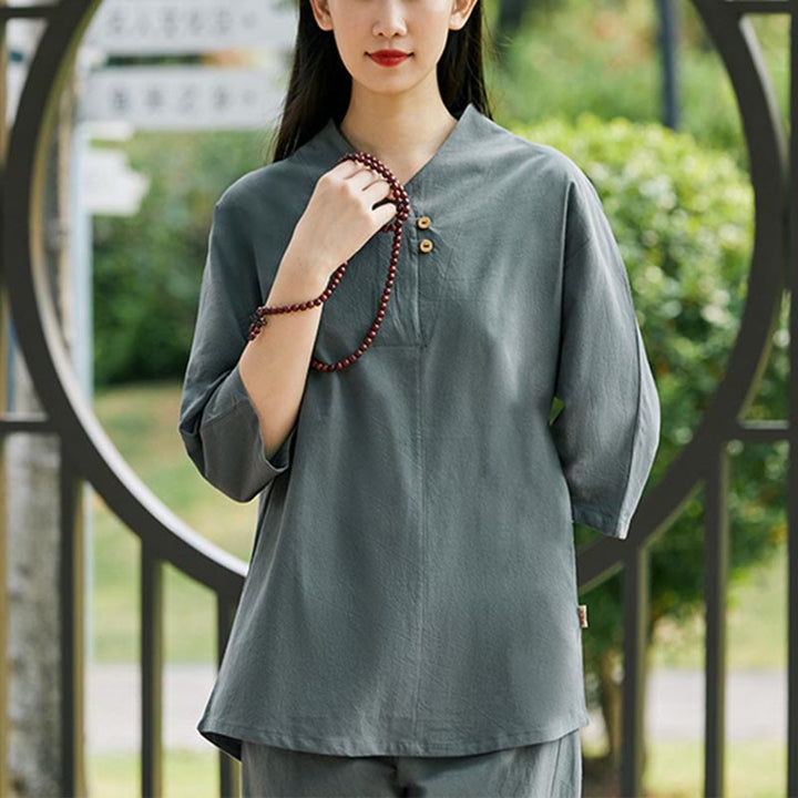 Buddha Stones 2 uds camisa Top pantalones meditación Zen Tai Chi ropa de lino de algodón conjunto de mujer - image 18