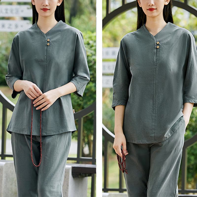 Buddha Stones 2 uds camisa Top pantalones meditación Zen Tai Chi ropa de lino de algodón conjunto de mujer - image 19