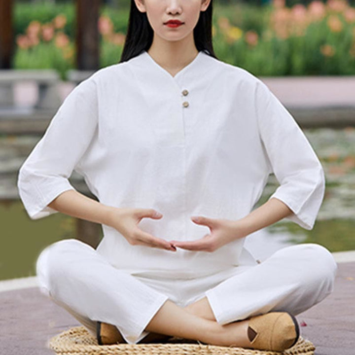 Buddha Stones 2 uds camisa Top pantalones meditación Zen Tai Chi ropa de lino de algodón conjunto de mujer - image 2
