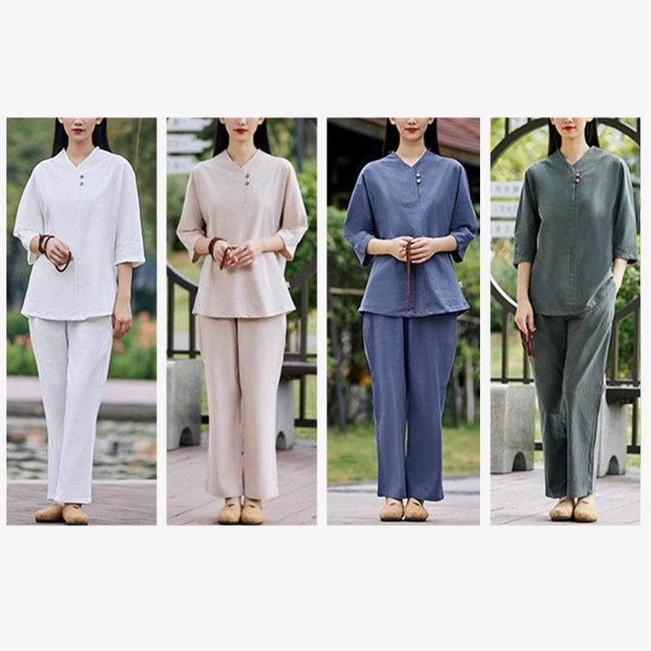Buddha Stones 2 uds camisa Top pantalones meditación Zen Tai Chi ropa de lino de algodón conjunto de mujer - image 20