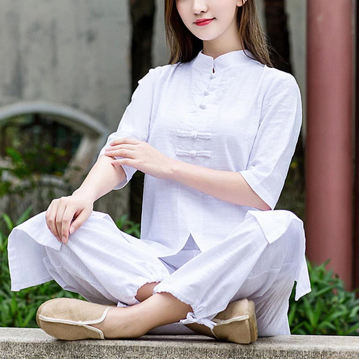 Buddha Stones 2 uds camisa de media manga Top pantalones meditación Zen Tai Chi ropa de lino conjunto de mujer