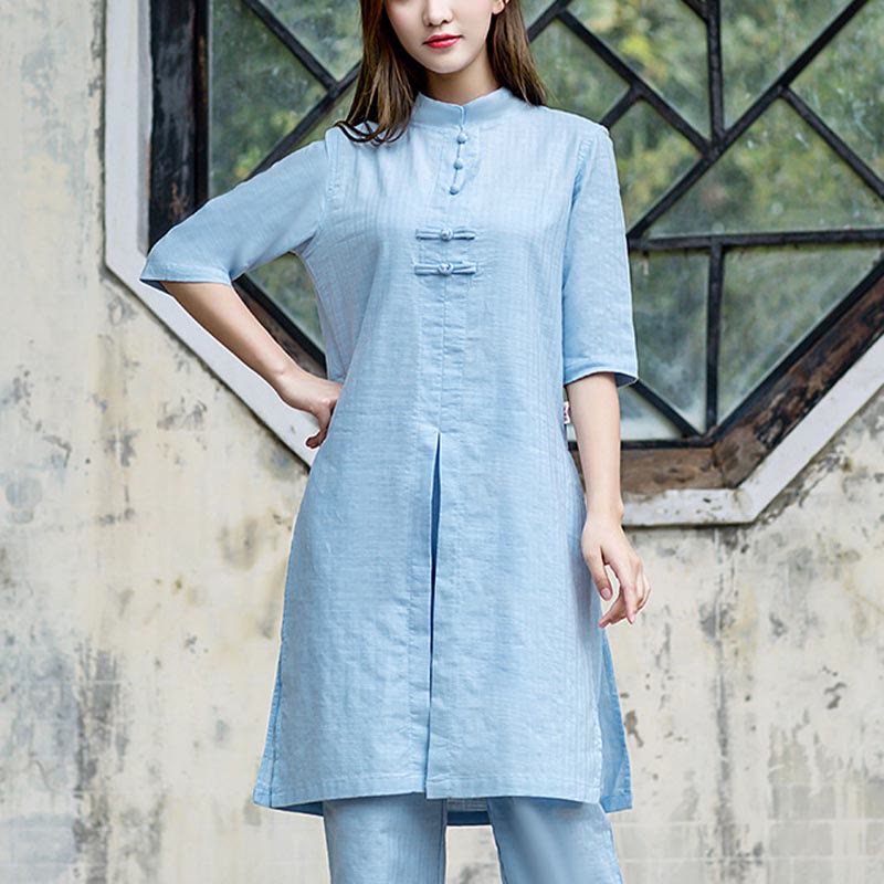 Buddha Stones 2 uds camisa de media manga Top pantalones meditación Zen Tai Chi ropa de lino conjunto de mujer